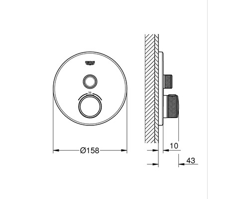Technische Zeichnung eines Grohe Thermostatventils mit Maßangaben.