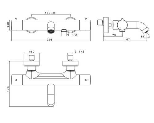 Technische Zeichnung einer Armatur mit Maßen.