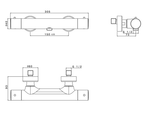 Technische Zeichnung einer Armatur mit Maßangaben