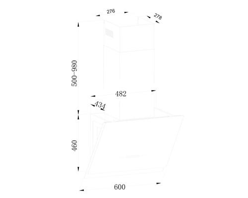 Technische Zeichnung einer Dunstabzugshaube mit Maßangaben