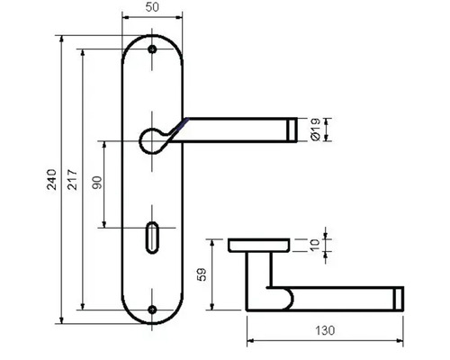 Technische Zeichnung eines Türdrückers mit Maßangaben