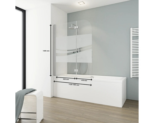Badewanne mit Badewannenaufsatz aus Glas und Maßangaben