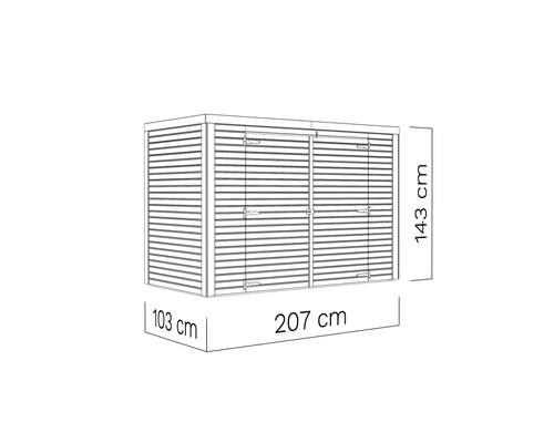 Umrisszeichnung eines Gartenhauses mit den Maßen 207 mal 103 mal 143 Zentimeter