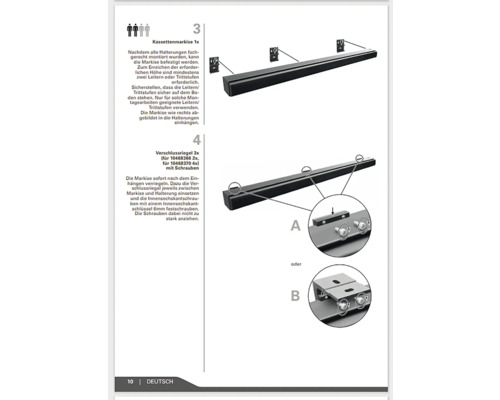 Anleitung zum Anbringen einer Kassettenmarkise mit Halterungen und Verriegelungsriegel