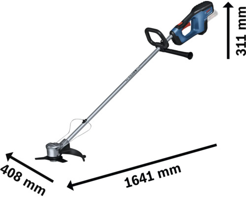 Akkubetriebener Rasentrimmer mit den Maßen 408 mm x 1641 mm x 311 mm.