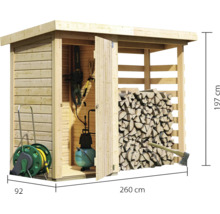 Holzschuppen mit Gartengeräten und Brennholz sowie Maßangaben