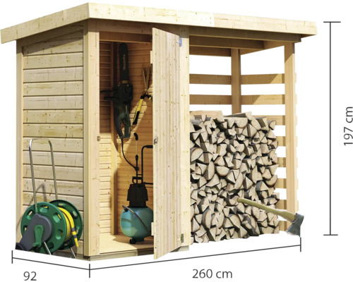 Holzschuppen mit Gartengeräten und Brennholz sowie Maßangaben