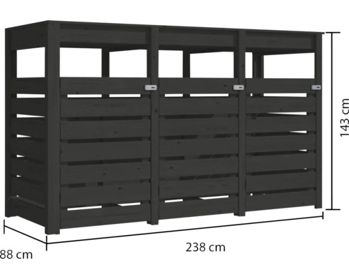 Mülltonnenbox aus Holz für drei Mülltonnen mit den Maßen 238 x 88 x 143 cm