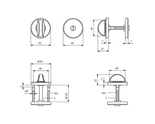 Technische Zeichnung eines Türbeschlags mit Maßangaben