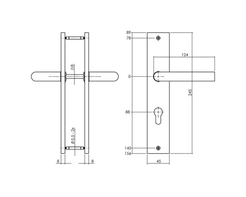 Technische Zeichnung eines Türgriffs mit Maßen