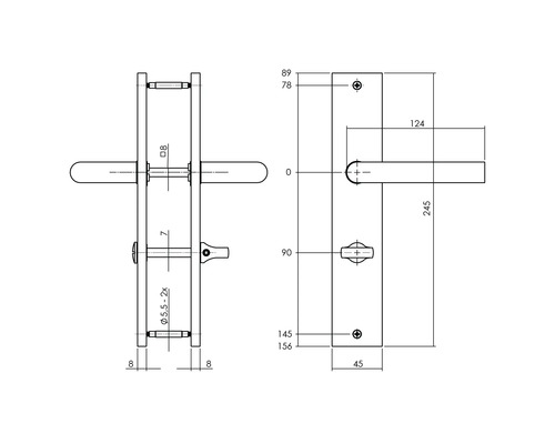 Technische Zeichnung eines Türdrückers mit Maßen.