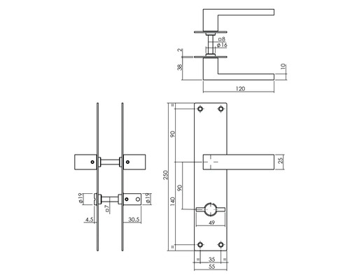Technische Zeichnung eines Türbeschlags mit Maßen