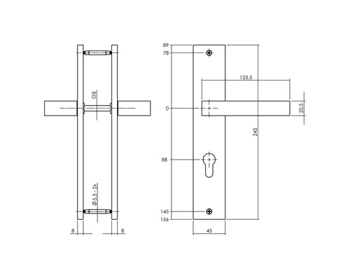 Technische Zeichnung eines Türdrückers mit Maßangaben