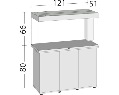 Aquariumkombination mit Unterschrank und Maßangaben