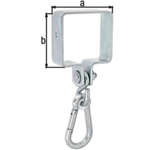 Schaukelhaken mit Karabiner und Maßangaben a und b.