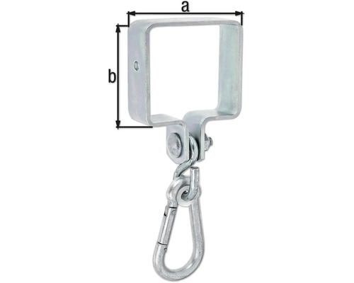 Schaukelhaken mit Karabiner und Maßangaben a und b.