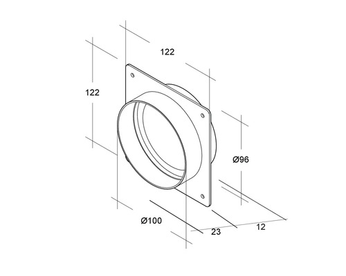 Technische Zeichnung eines Wandfutters mit den Maßen 122 x 122 Millimeter, Durchmesser 96 Millimeter und Durchmesser 100 Millimeter.