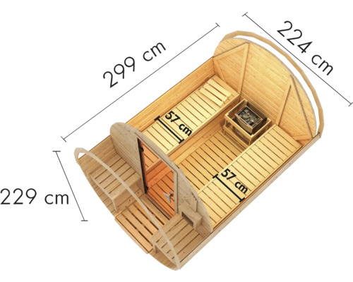 Illustration einer Holzfasssauna mit Abmessungen von 299 cm Länge, 224 cm Breite und 229 cm Höhe.