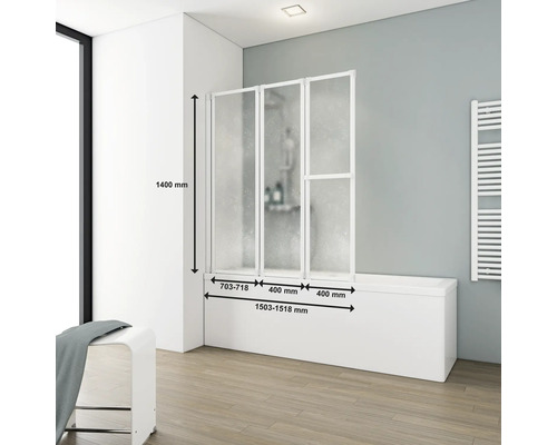 Badewannenaufsatz mit drei Elementen und Maßangaben auf Badewanne