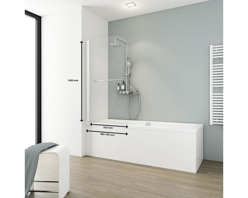 Badewanne mit Duschwand und Maßangaben