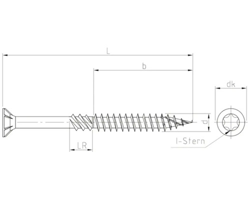 Technische Zeichnung einer Schraube mit den Maßangaben Länge, Gewindelänge und Kopfduchmesser