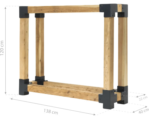 Brennholzregal aus Holz mit den Maßen 138 mal 120 mal 40 cm