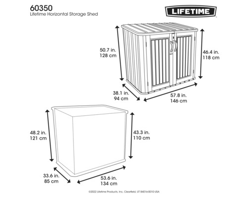 Abbildung eines horizontalen Lifetime Geräteschuppens mit Maßangaben
