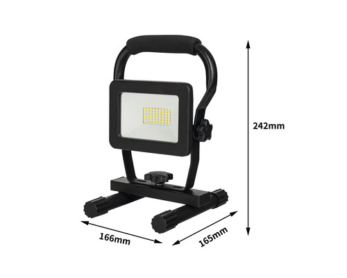 LED-Baustrahler mit Maßen: 242 mm Höhe, 166 mm und 165 mm Breite