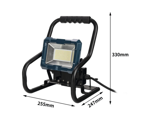 LED Baustrahler mit den Maßen 330 mm Höhe, 255 mm Breite und 247 mm Tiefe.