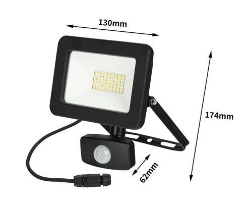 LED Strahler mit Bewegungsmelder und den Maßen 130 mm mal 174 mm mal 62 mm.