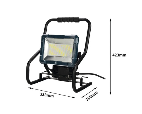 LED-Baustrahler mit den Maßen 423 mm Höhe, 333 mm Breite und 260 mm Tiefe.