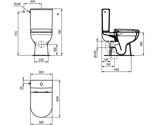Technische Zeichnung eines Toilettenmodells mit Abmessungen