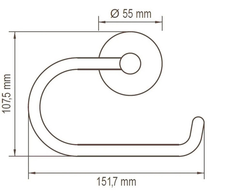 Maßzeichnung eines Toilettenpapierhalters mit den Maßen 107,5 mm Höhe, 151,7 mm Breite und 55 mm Durchmesser der Rosette