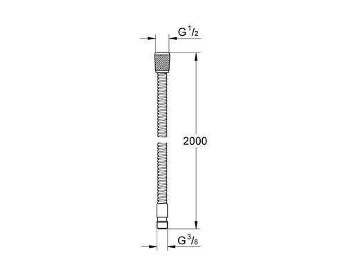 Technische Zeichnung eines flexiblen Verbindungsschlauchs mit den Maßen G 1 1/2 Zoll und G 3/8 Zoll sowie einer Länge von 2000 Millimetern.