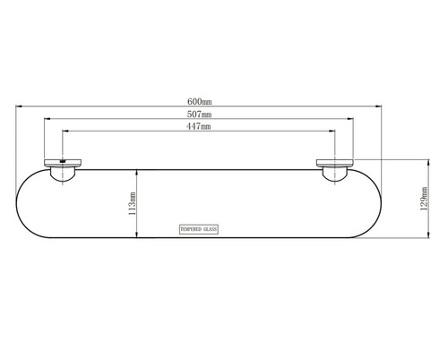 Technische Zeichnung eines Glasregals mit Abmessungen.