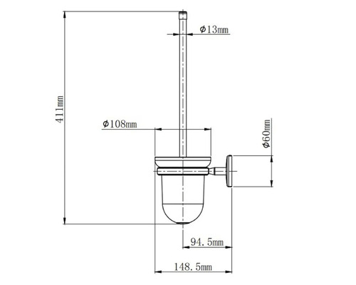 Technische Zeichnung einer Toilettenbürste mit Maßangaben