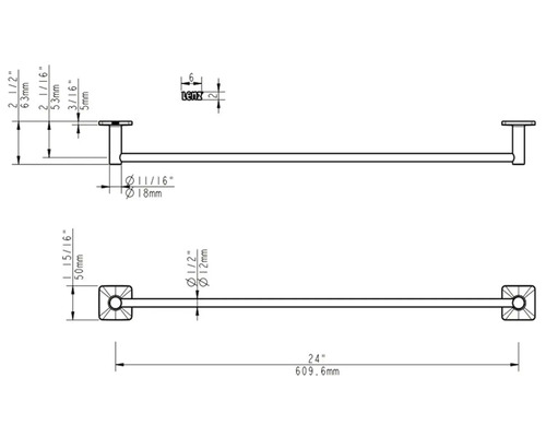 Technische Zeichnung eines Handtuchhalters mit Maßangaben in Millimetern und Zoll