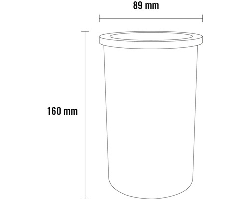 Technische Zeichnung eines Behälters mit den Maßen 160 mm Höhe und 89 mm Durchmesser