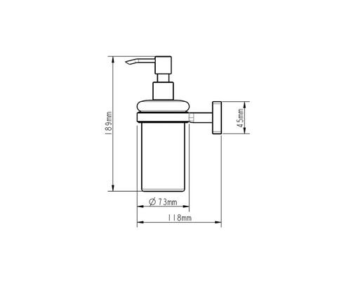 Technische Zeichnung eines Seifenspenders mit Maßangaben