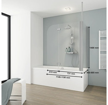 Badezimmer mit Badewanne, Badewannenaufsatz aus Glas und Maßangaben
