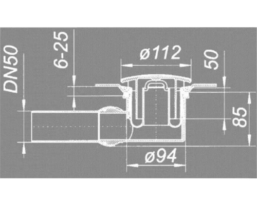 Technische Zeichnung eines DN50 Ablaufs mit Maßangaben