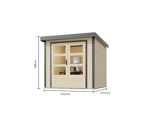 Holzgartenhaus mit Doppeltür und Größenangaben