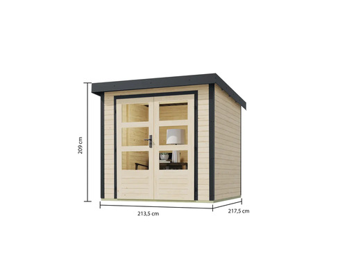Holzgartenhaus mit Doppeltür und Größenangaben