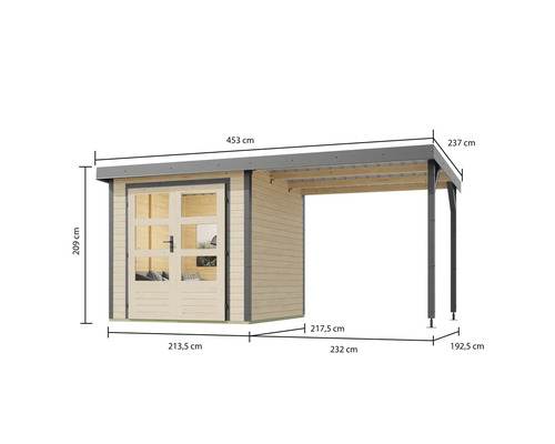 Abbildung eines Gartenhauses aus Holz mit den Maßangaben