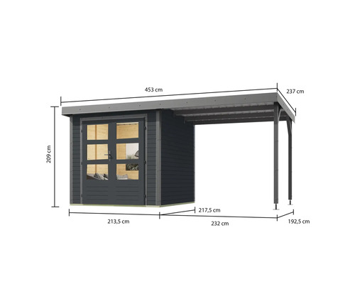 Abmessungen eines Gartenhauses mit Überdachung.
