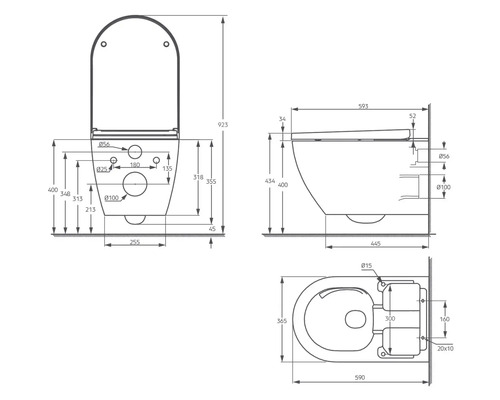Technische Zeichnung eines Wand-WCs mit Bemaßung