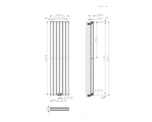 Technische Zeichnung eines Heizkörpers mit Maßen