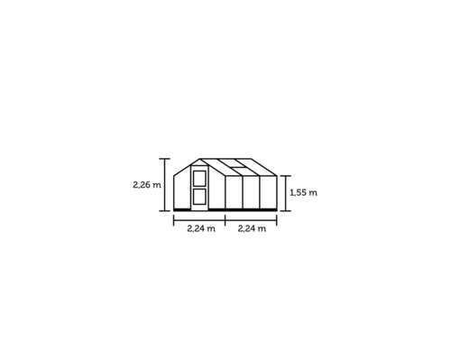 Abmessungen Gewächshaus: 2,26 Meter Höhe, 2,24 Meter Breite und 1,55 Meter Seitenhöhe.