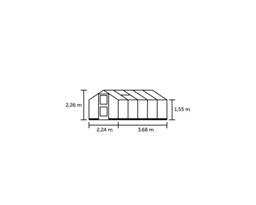 Abmessungen des Gewächshauses: 2,26 m Höhe, 1,55 m Tiefe, 2,24 m plus 3,68 m Breite