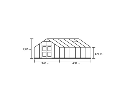 Gewächshaus JULIANA Gärtner 16,1 m² 10 mm Stegdoppelplatten 296 x 439 cm Aluminium Maße des Gewächshauses: 2,87 Meter Höhe, 3,68 Meter Breite und 4,39 Meter Länge.